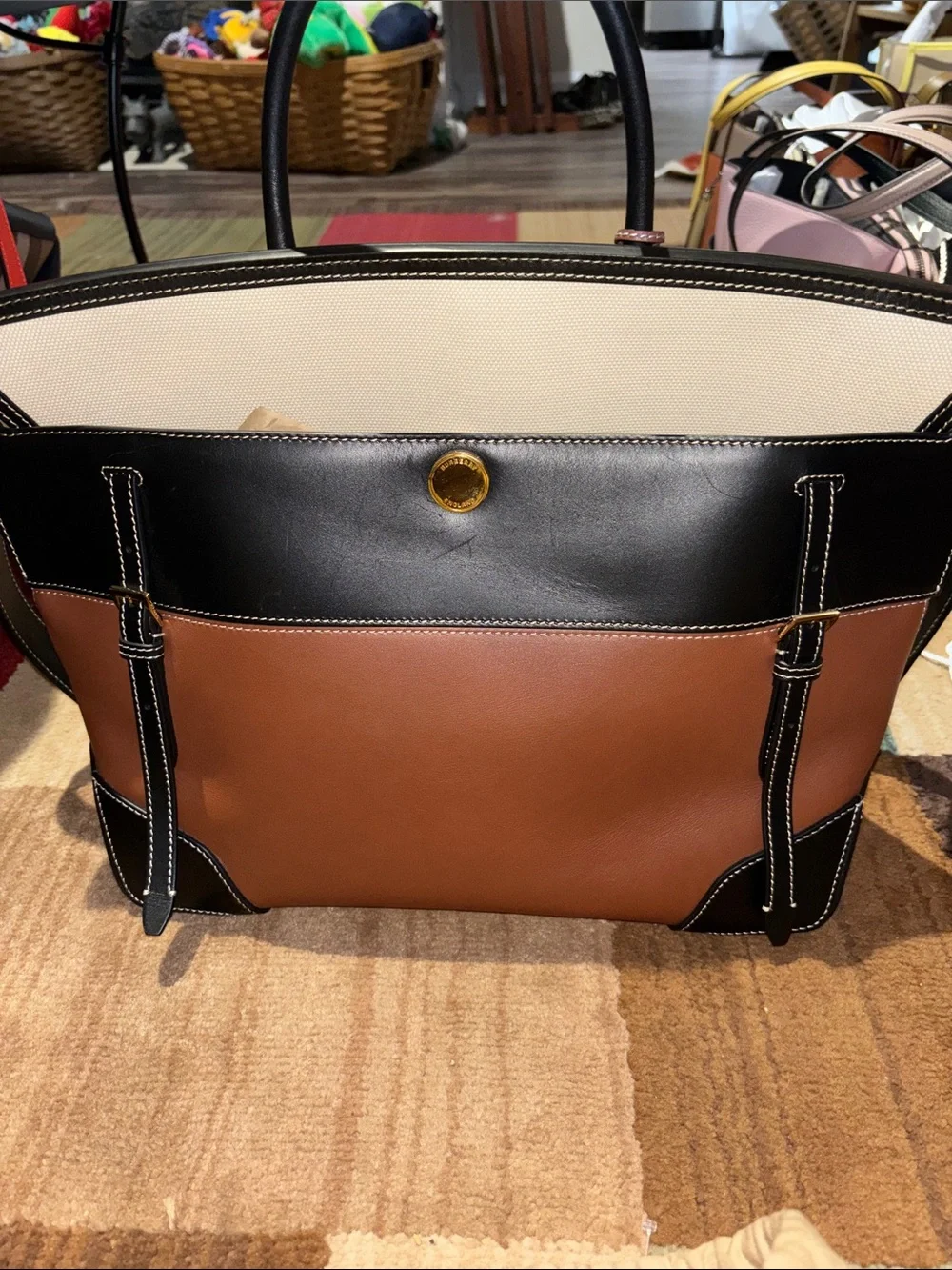 Burberry Leather Tote Bag in Brown, Black and Cream
